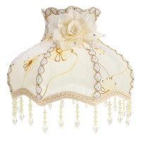 Vintage European Embroidery Cloth Lace Lampshade Replacements With Crystal Pendant Beads Large Dome Shaped Fancy Bedside Lamp Shade For Bedroom Living Marriage Room, 1 Pack, Beige