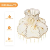 Vintage European Embroidery Cloth Lace Lampshade Replacements With Crystal Pendant Beads Large Dome Shaped Fancy Bedside Lamp Shade For Bedroom Living Marriage Room, 1 Pack, Beige