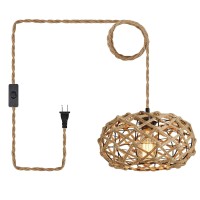 Amzasa Plug In Pendant Light Boho Woven Haning Lamp With15.1Ft Hemp Rope Cord,On/Off Switch Retro Coastal Wicker Rattan Cage Hanging Light For Kitchen Island Bedroom Living Room