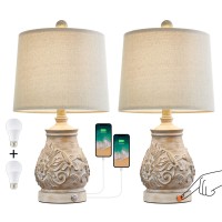 Pokat 3 Way Dimmable Touch Table Lamps For Living Room Traditional Rustic Carved Floral Bedside Lamps For Bedroom 21'' Farmhouse Vintage Night Light Lamps With 2 Usb Ports Bulb Included Washed White