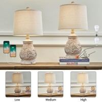 Pokat 3 Way Dimmable Touch Table Lamps For Living Room Traditional Rustic Carved Floral Bedside Lamps For Bedroom 21'' Farmhouse Vintage Night Light Lamps With 2 Usb Ports Bulb Included Washed White