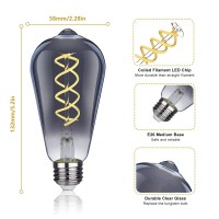 Ruiaotd St58(St19) Smoky Grey Glass Vintage Edison Light Bulbs, 4.5W Equivalent To 40W, Daylight White 5000K, Antique Flexible Spiral Led Filament Light Bulb, E26 Medium Base, Dimmable, 6 Pack