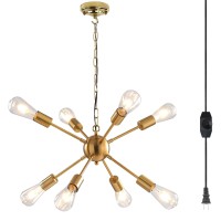 Jacklove 8-Light Plug In Chandelier With Dimmalbe Switch 16.4 Ft On/Off Switch,Modern Gold Brass Metal Sputnik Chandelier, Pendant Lighting For Living Room Bedroom Dining Room