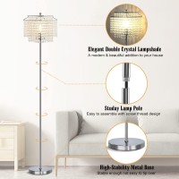 Luvkczc Silver Crystal Floor Lamp, Modern Standing Lamps With Double-Layer Lampshade, On-Off Foot Switch, Silver Finish Tall Pole Lamp For Living Room, Bedroom, Office, 8W Bulb Included