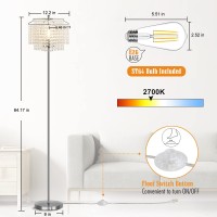 Luvkczc Silver Crystal Floor Lamp, Modern Standing Lamps With Double-Layer Lampshade, On-Off Foot Switch, Silver Finish Tall Pole Lamp For Living Room, Bedroom, Office, 8W Bulb Included