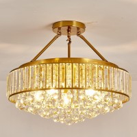 Yyjlx 6Light Modern Large Crystal Chandelier Gold Metal E26 Semi Flush Mount Round Ceiling Light Fixture Ceiling Lamp Farmhouse