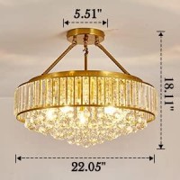 Yyjlx 6Light Modern Large Crystal Chandelier Gold Metal E26 Semi Flush Mount Round Ceiling Light Fixture Ceiling Lamp Farmhouse