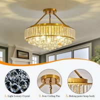 Yyjlx 6Light Modern Large Crystal Chandelier Gold Metal E26 Semi Flush Mount Round Ceiling Light Fixture Ceiling Lamp Farmhouse