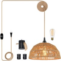 Plug In Pendant Light Hanging Lights With 15Ft Golden Cotton Cord Stepless Dimming Switch Handwoven Hemp Rope Lampshade Boh