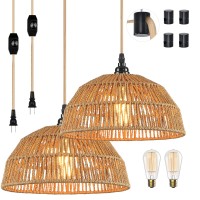 Plug In Pendant Light, Farmhouse Hanging Chandelier Lights With 15Ft Golden Cotton Cord, Ceiling Lamp With Dimmable Switch, For Kitchen Island Living Room-2 Pack (Bulb & 4 Swag Hooks Included)