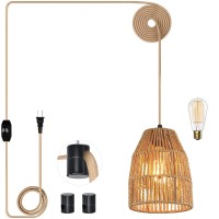 Plug In Pendant Light Hanging Lights With 15Ft Golden Cotton Cord Stepless Dimming Switch Handwoven Hemp Rope Lampshade Boh