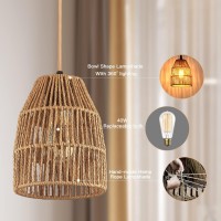 Plug In Pendant Light Hanging Lights With 15Ft Golden Cotton Cord Stepless Dimming Switch Handwoven Hemp Rope Lampshade Boh