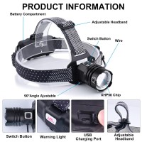 Led Headlamp Rechargeable, 90000 Lumen Super Bright Headlamp Flashlight Led Work Headlight Zoomable, Waterproof, 90