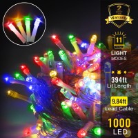 Heceltt Outdoor Christmas Lights, 394Ft 1000 Led Color Changing String Lights, Clear Wire With 11 Modes & Remote, Ul Listed For Xmas Garden Yard Tree Wedding Party Decor - Warm White To Multicolor