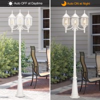 Dusk To Dawn Sensor Outdoor Lamp Post Light 3-Head, Classic White Light Pole With Clear Glass Panels (3 Led Bulbs Included, Max.100W), Waterproof Outside Street Light For Backyard, Garden, Driveway