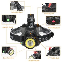 Headlamp With Motion Sensor, 2 In 1 Newest T6 Spot Zoomable+Cob Board Flood Hardhat Light, 6000 Lumen Waterproof Usb Rechargeable Hard Hat Head Lamp, Work Headlight With 4 Clips For Camping Hunting