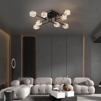 Okes 8Lights Semi Flush Mount Ceiling Light Fixture Black And Gold Modern Crystal Chandeliers Farmhouse Lighting Fixtures For D