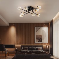 Okes 8Lights Semi Flush Mount Ceiling Light Fixture Black And Gold Modern Crystal Chandeliers Farmhouse Lighting Fixtures For D