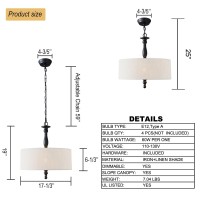 Cawabien 4 Light Drum Chandeliers, Beige Linen Drum Pendant Lighting Fixture With Black Metal Rod Adjustable Hanging Chain Ceiling Lights For Kitchen Island Dining Table Entryway Dia 17.3Inch