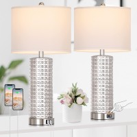 Vpazg Silver Table Lamps Set Of 2, Modern Bedside Lamps With Usb Ports, 3-Way Dimmable Touch Control Nightstand Lamp With White Drum Shade For Living Room, Bedroom, Bulbs Included