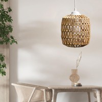 Loviver Boho Style Woven Rattan Pendant Light Shade, Vintage Style Ceiling Light Shade, E27 Bulb Crafts Lampshade Pendant Lamp Decoration, Khaki Lantern