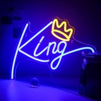 Ineonlife King Neon Sign Blue Letters Led Neon Light Pink Crown Led Neon Signs Wall Decorative Lights For Bedroom Kids Room Teen Boys Room Birthday Wedding Party Bar Decor With Usb Power