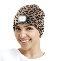 Led Beanie With Light, Unisex Rechargeable Led Headlamp Hat, Warm Knit Hat For Winter Safety, Head Light For Outdoor Dog Walking,Gifts For Men Women Dad Leopard