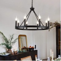 Psyverii 8-Light Candle Style Black Wagon Wheel Chandelier, Retro Farmhouse Country Style Industrial Large Round Pendant Light Fixture For Living Room, Dining Room, Foyer, Kitchen Island, Entryway