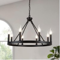 Psyverii 8-Light Candle Style Black Wagon Wheel Chandelier, Retro Farmhouse Country Style Industrial Large Round Pendant Light Fixture For Living Room, Dining Room, Foyer, Kitchen Island, Entryway