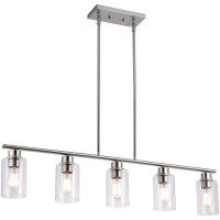 Mavcadonf Kitchen Island Light, 5-Light Pendant Lighting, Farmhouse Dining Room Light Fixtures For Kitchen Island Dining Living Room, Brushed Nickel With Clear Glass Shade