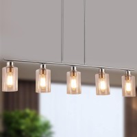 Mavcadonf Kitchen Island Light, 5-Light Pendant Lighting, Farmhouse Dining Room Light Fixtures For Kitchen Island Dining Living Room, Brushed Nickel With Clear Glass Shade