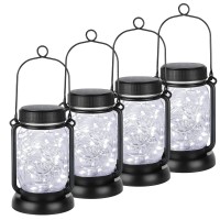 Cool White 4 Pack Solar Hanging Mason Jar Lights With Stakes, Waterproof Decorative Outdoor Solar Lantern Lamp, Vintage Glass Jar Starry Fairy Light With 30 Leds For Patio Garden Tree Yard