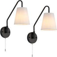 Passica Decor Hardwired Wall Sconces Set Of Two 2 Pack With Pull Chain On Off Matte Black Swing Arm Lighting Modern Vintage Lamp Industrial White Fabric Wall Light For Bedroom Farmhouse Living Room