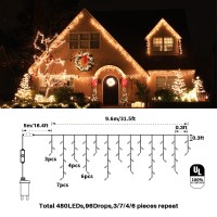 Binbinled Christmas Lights Outdoor, 48Ft 480 Led Icicle String Lights New Upgraded With 96 Drops, 8 Modes Remote Dimmable Waterproof Icicle Lights For Holiday Christmas Decorations (Unconnectable)