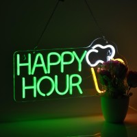 Roouneon Happy Hour Neon Sign Bar Man Cave Club Bedroom Led Dimmable Neon Lights Signs For Office Hotel Pub Cafe Wedding Birthday Party Man Cave Neon Light Art Wall Lights(17X8Inch)