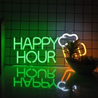 Roouneon Happy Hour Neon Sign Bar Man Cave Club Bedroom Led Dimmable Neon Lights Signs For Office Hotel Pub Cafe Wedding Birthday Party Man Cave Neon Light Art Wall Lights(17X8Inch)