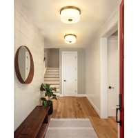 Emak 11 Inch Brushed Gold Flush Mount Ceiling Light Fixture 2Light Fixtures Ceiling Mount With Milk Glass Shades For Hallway