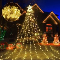 Quntis Christmas Decorations Star String Lights, Waterfall String Lights With Star Tree Topper Waterproof Outdoor 8 Modes Plug In Lights With Timer Decor For Xmas Garden Party - Warm White