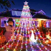 Quntis Christmas Star Waterfall Lights, 349 Diamond Led Christmas Tree Lights Multicolored Outdoor Plug-In 8 Modes Christmas Decortion Lights With Tree Topper For House Yard Lawn Window Wedding Party