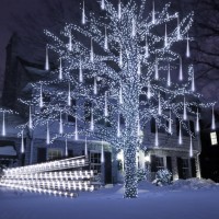 Aluan Meteor Shower Lights Outdoor White Christmas Lights 16 Inch 10 Tubes 360 Led Falling Rain Lights Waterproof Snowfall Dripping Icicle Lights For Xmas Tree Holiday Decoration Yard Porch Patio