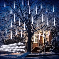 Aluan Meteor Shower Lights Outdoor White Christmas Lights 16 Inch 10 Tubes 360 Led Falling Rain Lights Waterproof Snowfall Dripping Icicle Lights For Xmas Tree Holiday Decoration Yard Porch Patio