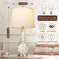 Qimh Gold Table Lamps For Living Room Set Of 2, Modern Coastal Bedside Shell Pearl Tiles Nightstand Lamp With Usb Ports 3-Way Touch Control Lamp For Bedroom Home Decor (2700K Led Bulbs Included)