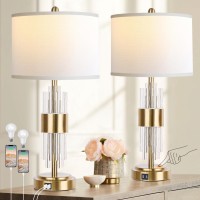 Bedside Table Gold Lamp For Living Room With Usb Ports, Set Of 2 With Touch Control, Modern Nightstand White Drum Lamp Shade Bedrooms Home Office Light Decor (2700K Led Bulb Included)