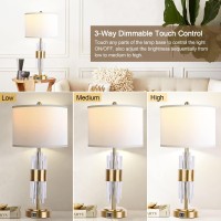 Bedside Table Gold Lamp For Living Room With Usb Ports, Set Of 2 With Touch Control, Modern Nightstand White Drum Lamp Shade Bedrooms Home Office Light Decor (2700K Led Bulb Included)