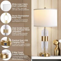 Bedside Table Gold Lamp For Living Room With Usb Ports, Set Of 2 With Touch Control, Modern Nightstand White Drum Lamp Shade Bedrooms Home Office Light Decor (2700K Led Bulb Included)