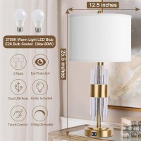 Bedside Table Gold Lamp For Living Room With Usb Ports, Set Of 2 With Touch Control, Modern Nightstand White Drum Lamp Shade Bedrooms Home Office Light Decor (2700K Led Bulb Included)