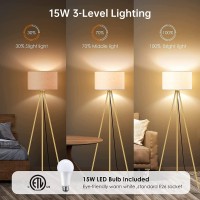 Boostarea Floor Lamp For Living Room Tripod Floor Lamp 15W Led Bulb 3 Levels Dimmable Brightness Linen Lamp Shade Mid Centu