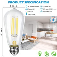 Vicsoon Edison Bulbs 60 Watt Equivalent, E26 Vintage Led Light Bulbs 6W, 5000K Daylight White, St58 Led Filament Bulb Medium Base, 800 Lumens, Cri 85+, Non-Dimmable, 6 Pack