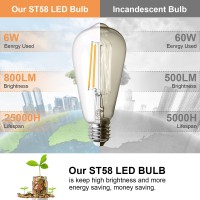 Vicsoon E26 Edison Bulbs 60 Watt Equivalent, 6W Vintage Led Light Bulbs, 2700K Warm White, St58 Led Filament Bulb Medium Base, 800 Lumens, Cri 85+, Non-Dimmable, Pack Of 6