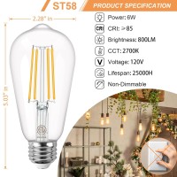 Vicsoon E26 Edison Bulbs 60 Watt Equivalent, 6W Vintage Led Light Bulbs, 2700K Warm White, St58 Led Filament Bulb Medium Base, 800 Lumens, Cri 85+, Non-Dimmable, Pack Of 6